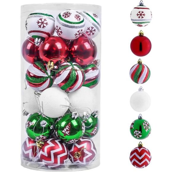 Christmas Ornaments Tree Decorations, 30ct Red Green White Shatterproof